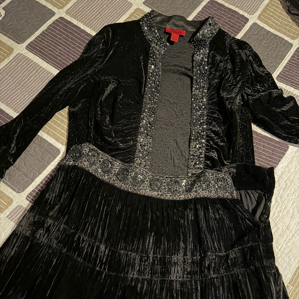 Vintage Black Velvet Top and Skirt with Embellished Details